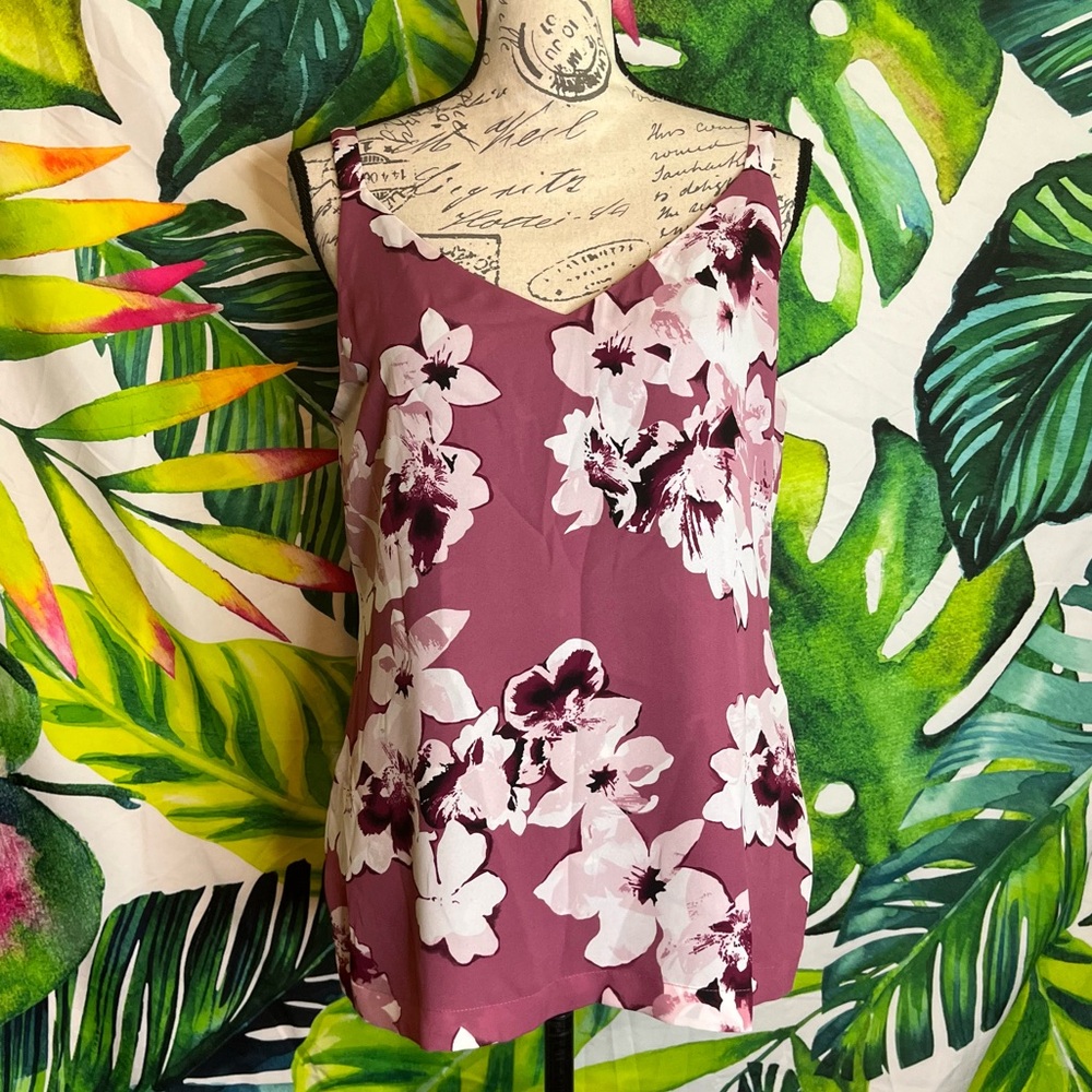 White House Black Market S Mauve Black Floral Reversible Sleeveless Summer Top